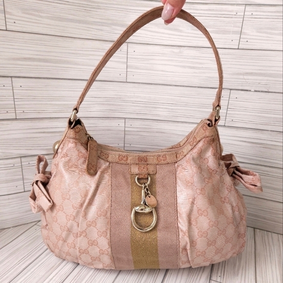 Gucci GG Monogram Crystal Coated Hobo and Horsebit Hobo Bag in Pink - Picture 1 of 16
